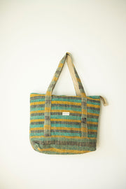 Front view of the large tote bag, made from colorful handwoven hemp fabric