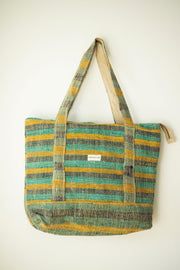 Front view of the large tote bag, made from colorful handwoven hemp fabric