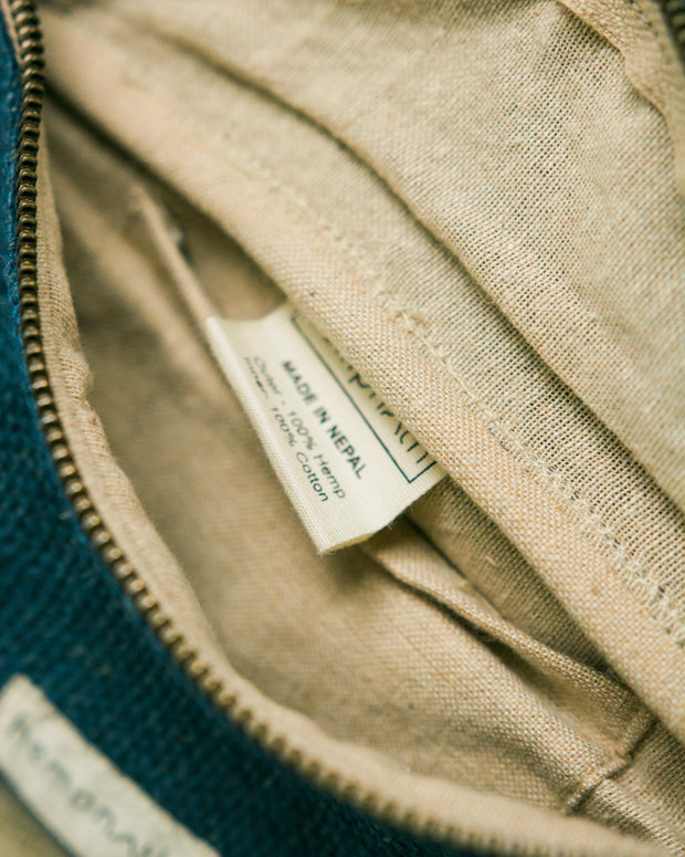 close up details of blue hemp waist bag