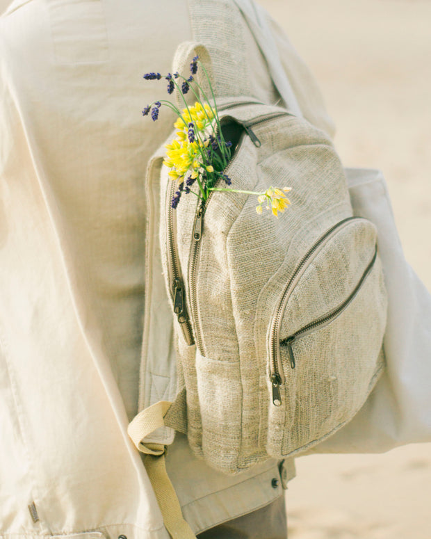 Close-up of hemp fabric on an eco-friendly backpack for outdoor activities