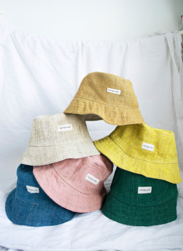 natural hemp bucket hat in white, blue, pink, green, yellow and mustard colours